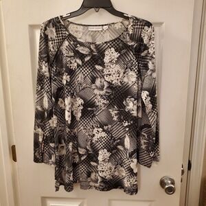 Susan Graver Liquid Knit Tunic Top Women L floral houndstooth 3/4 Slv Artsy